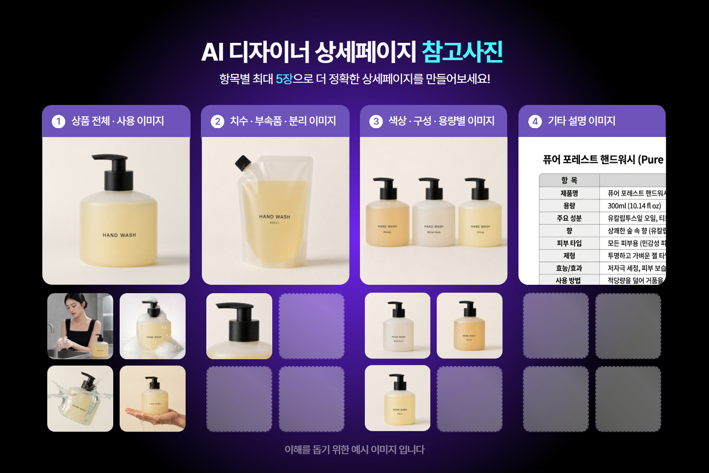 각 사용용도별로 구분된 AI 상세페이지 참고사진 첨부 예시