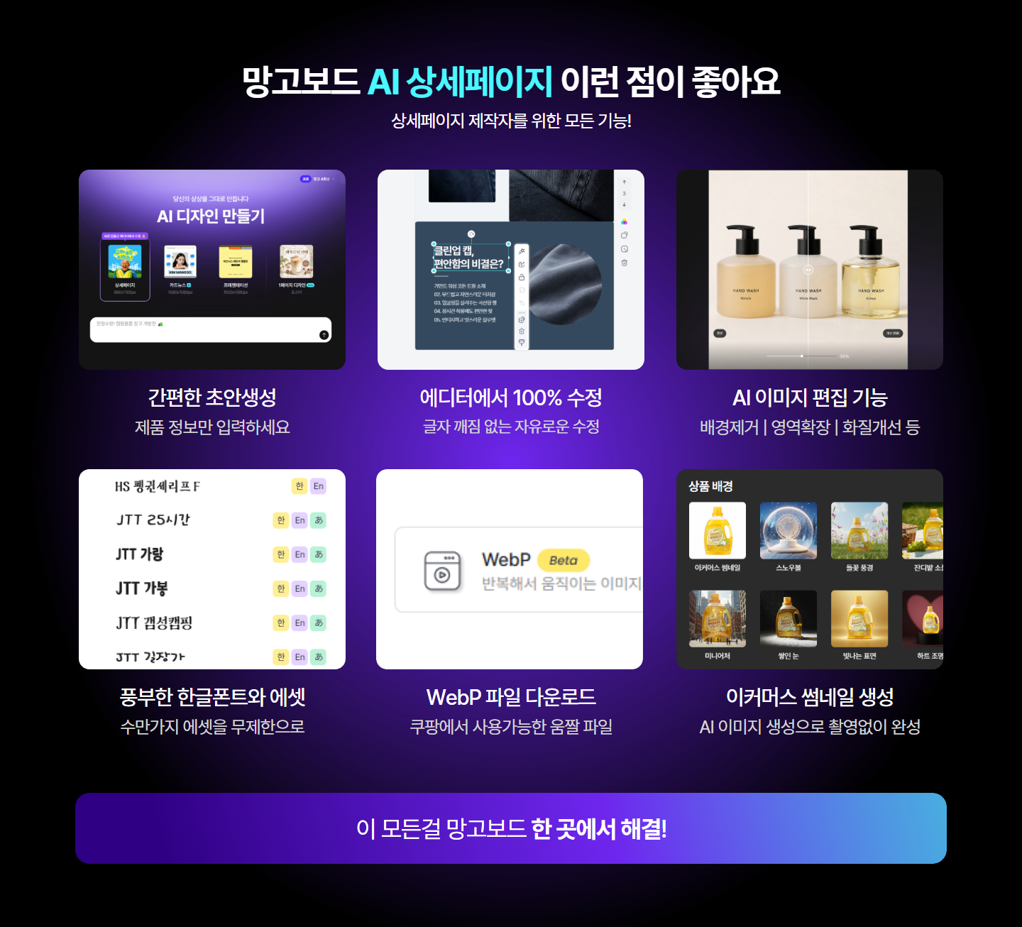 초안 생성과 자유로운 편집, AI 이미지 편집, 한글 폰트, WebP 다운로드, 이커머스 썸네일 생성을 제공하는 망고보드 AI 상세페이지